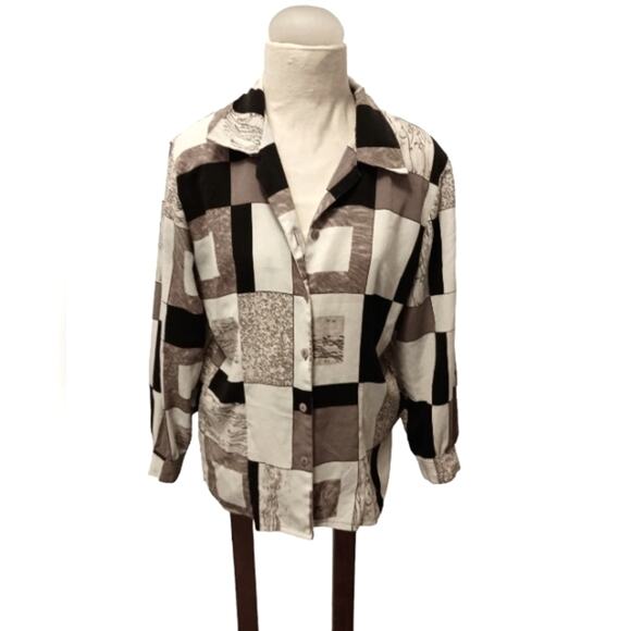 Y2K Silky Blouse Sz 10 Abstract Colorblock Patchwork Geo Button up Office Career - Picture 5 of 13